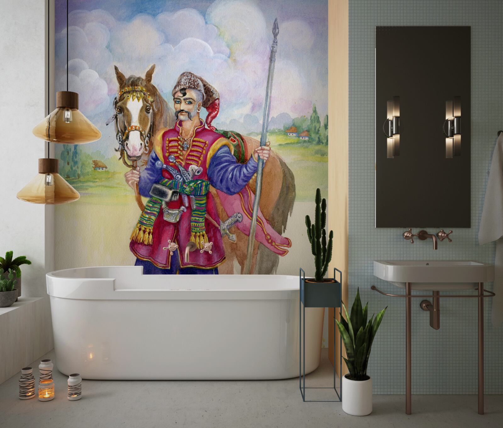 Fototapeta mladý Kozák zo stepí s koňmi