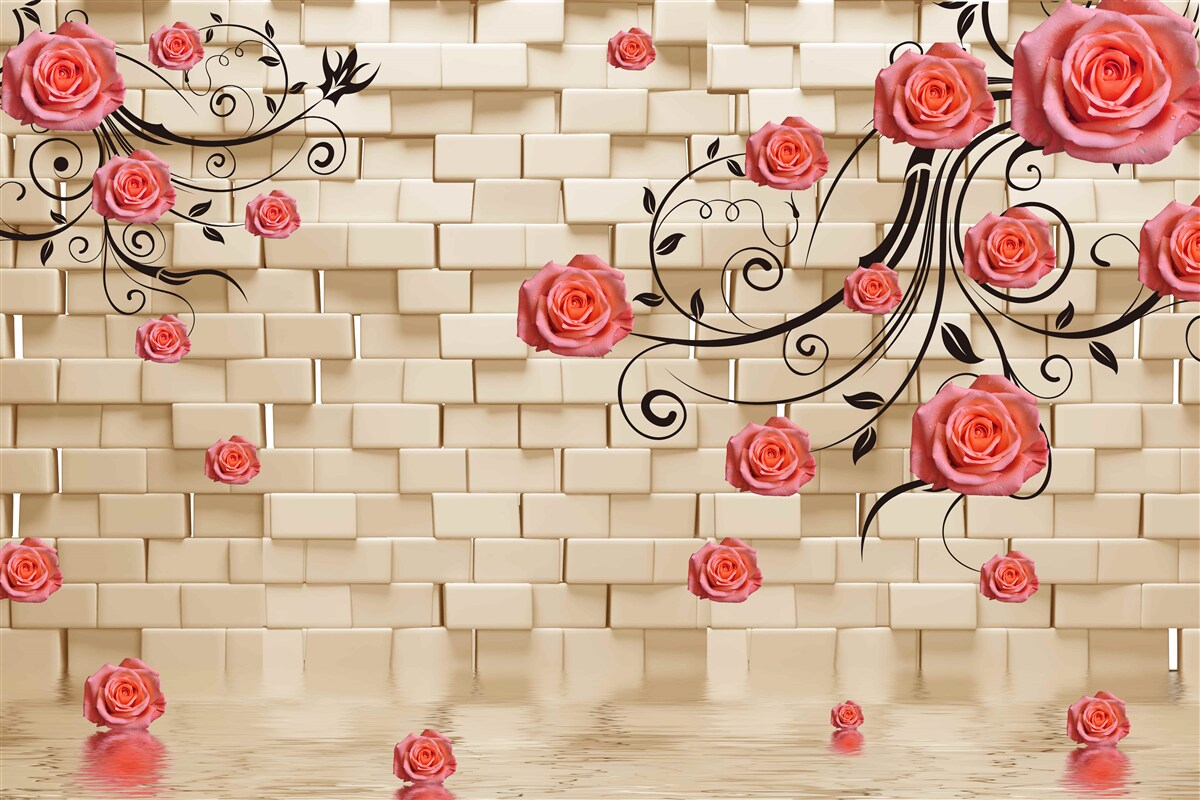 Fototapeta Na vonkajšej strane tehlovej steny môžete vidieť červenú ružu na vetvách