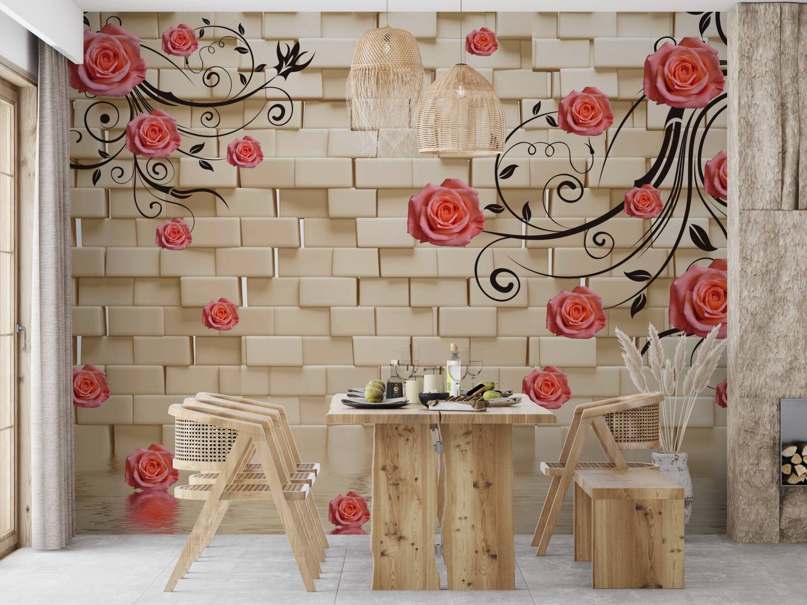 Fototapeta Na vonkajšej strane tehlovej steny môžete vidieť červenú ružu na vetvách