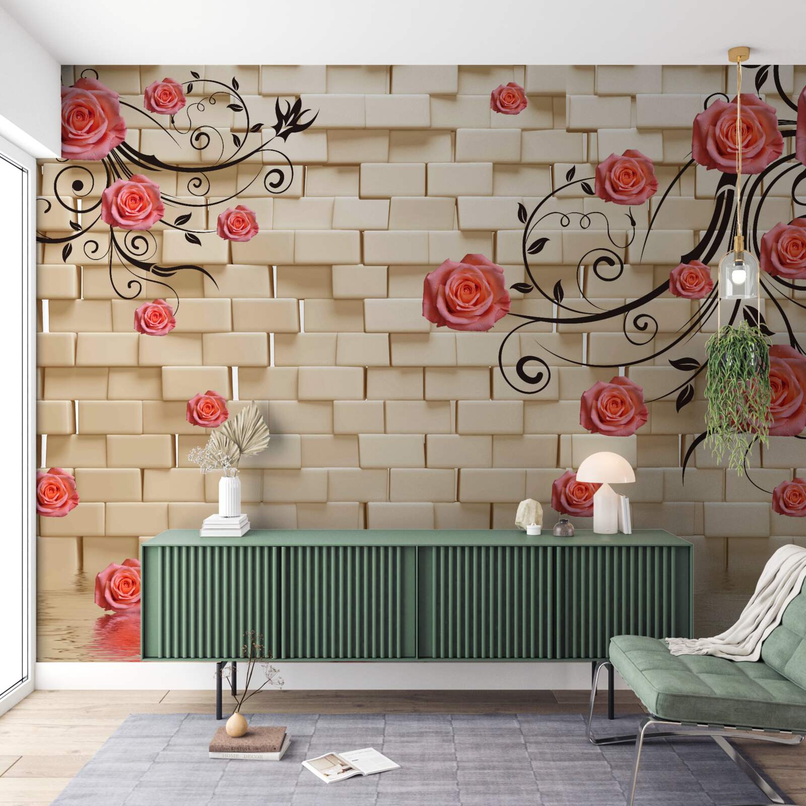 Fototapeta Na vonkajšej strane tehlovej steny môžete vidieť červenú ružu na vetvách