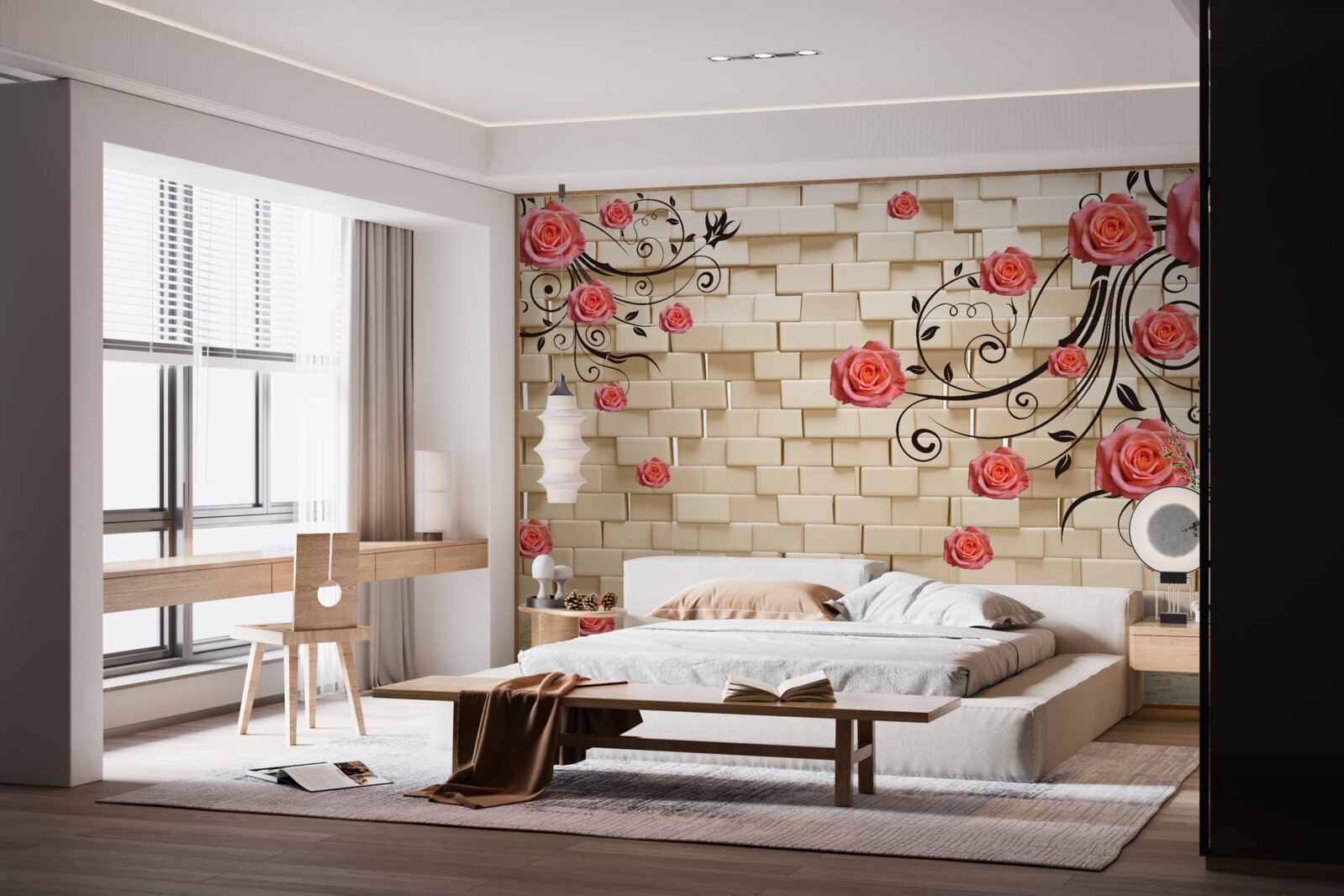 Fototapeta Na vonkajšej strane tehlovej steny môžete vidieť červenú ružu na vetvách