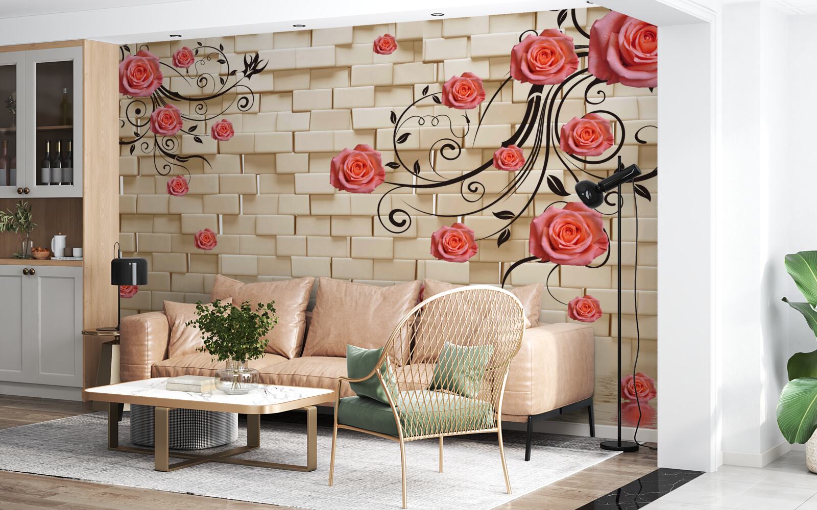 Fototapeta Na vonkajšej strane tehlovej steny môžete vidieť červenú ružu na vetvách