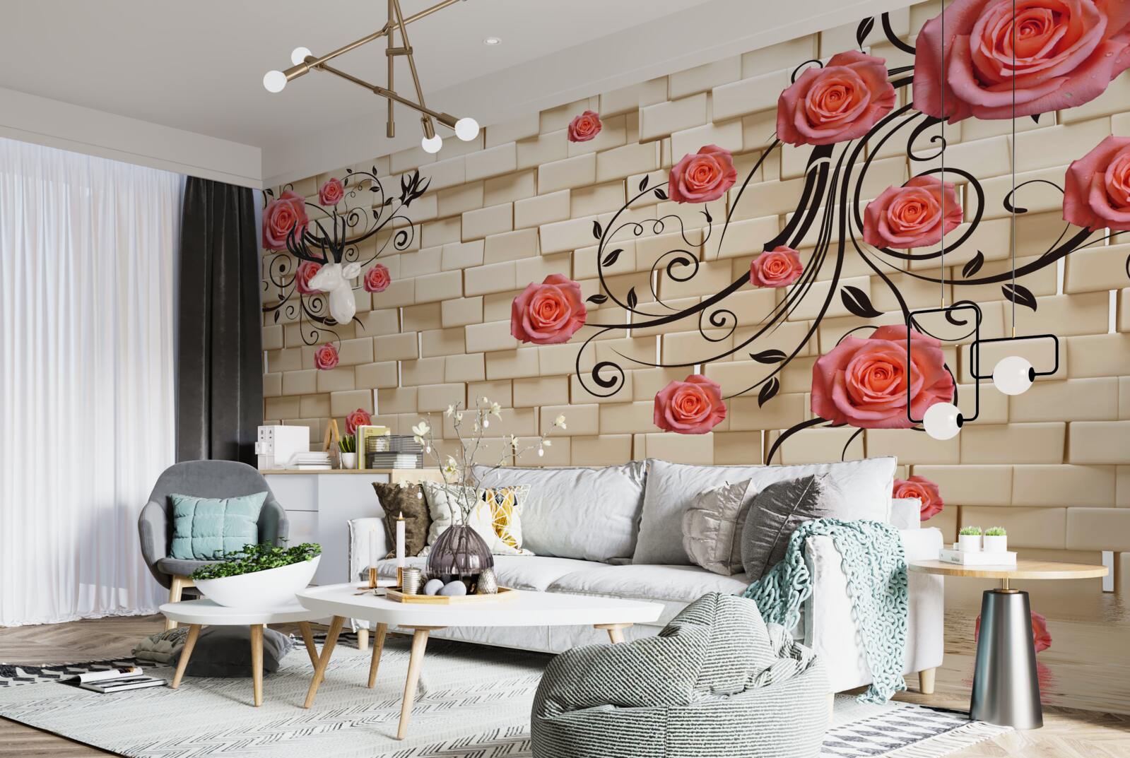 Fototapeta Na vonkajšej strane tehlovej steny môžete vidieť červenú ružu na vetvách