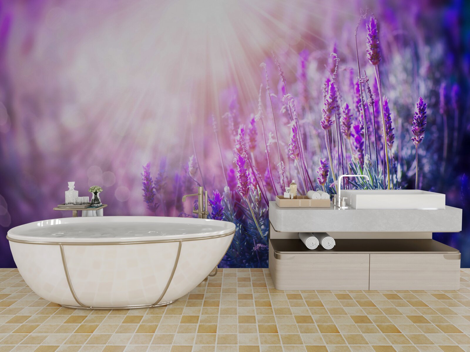 Fototapeta slnečné lúče osvetľujú levanduľové kríky