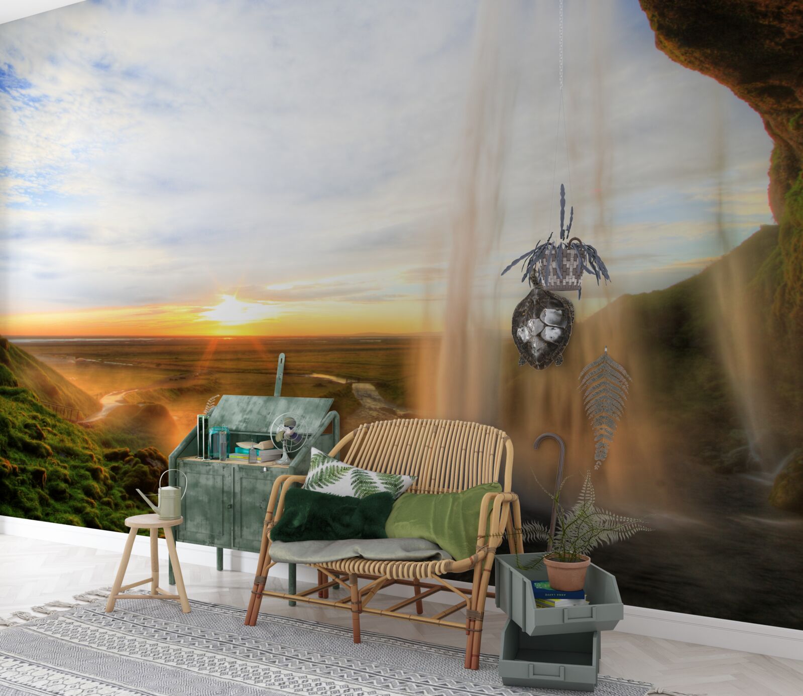 Fototapeta pád slnka osvetľujúci majestátne vodopády