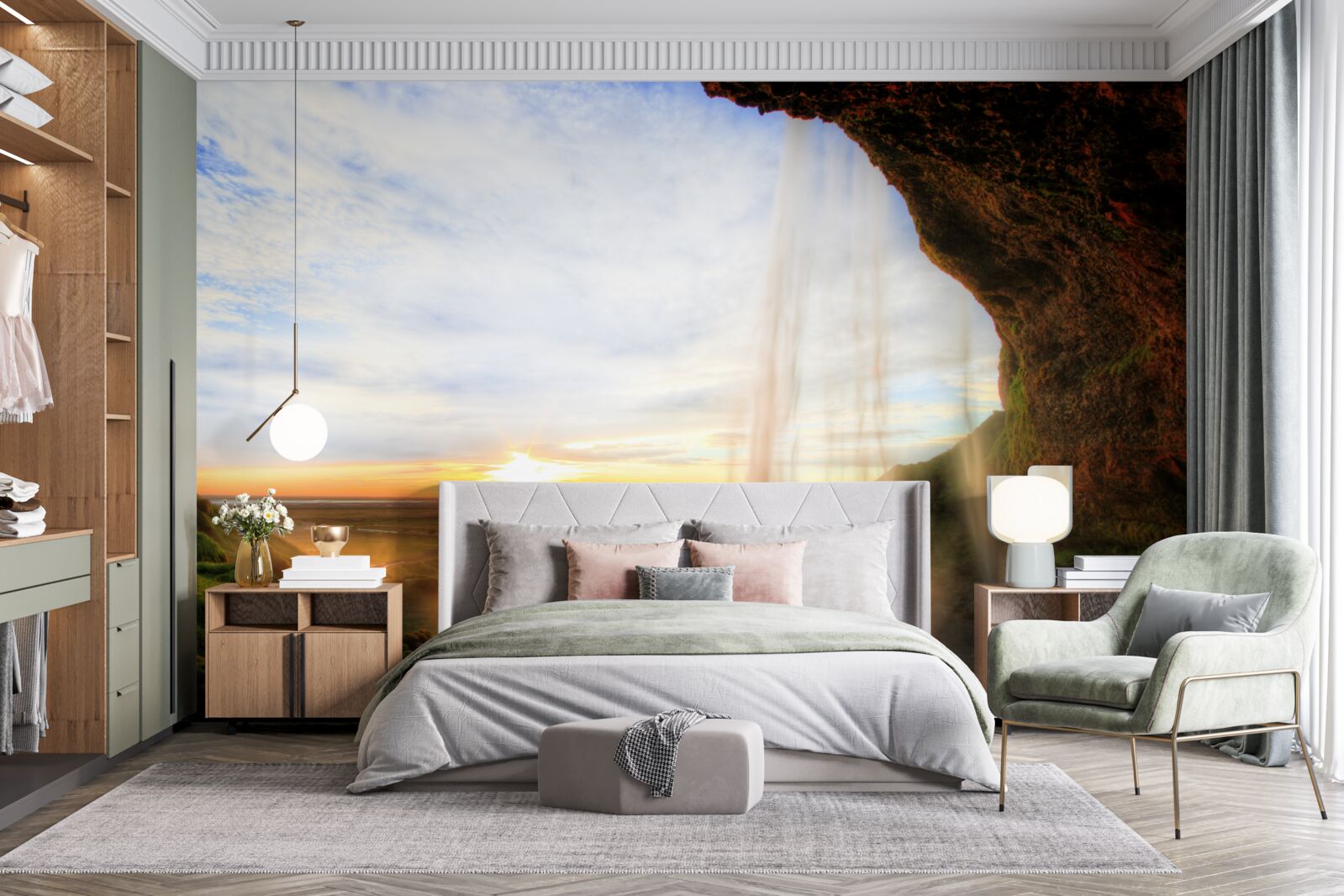 Fototapeta pád slnka osvetľujúci majestátne vodopády