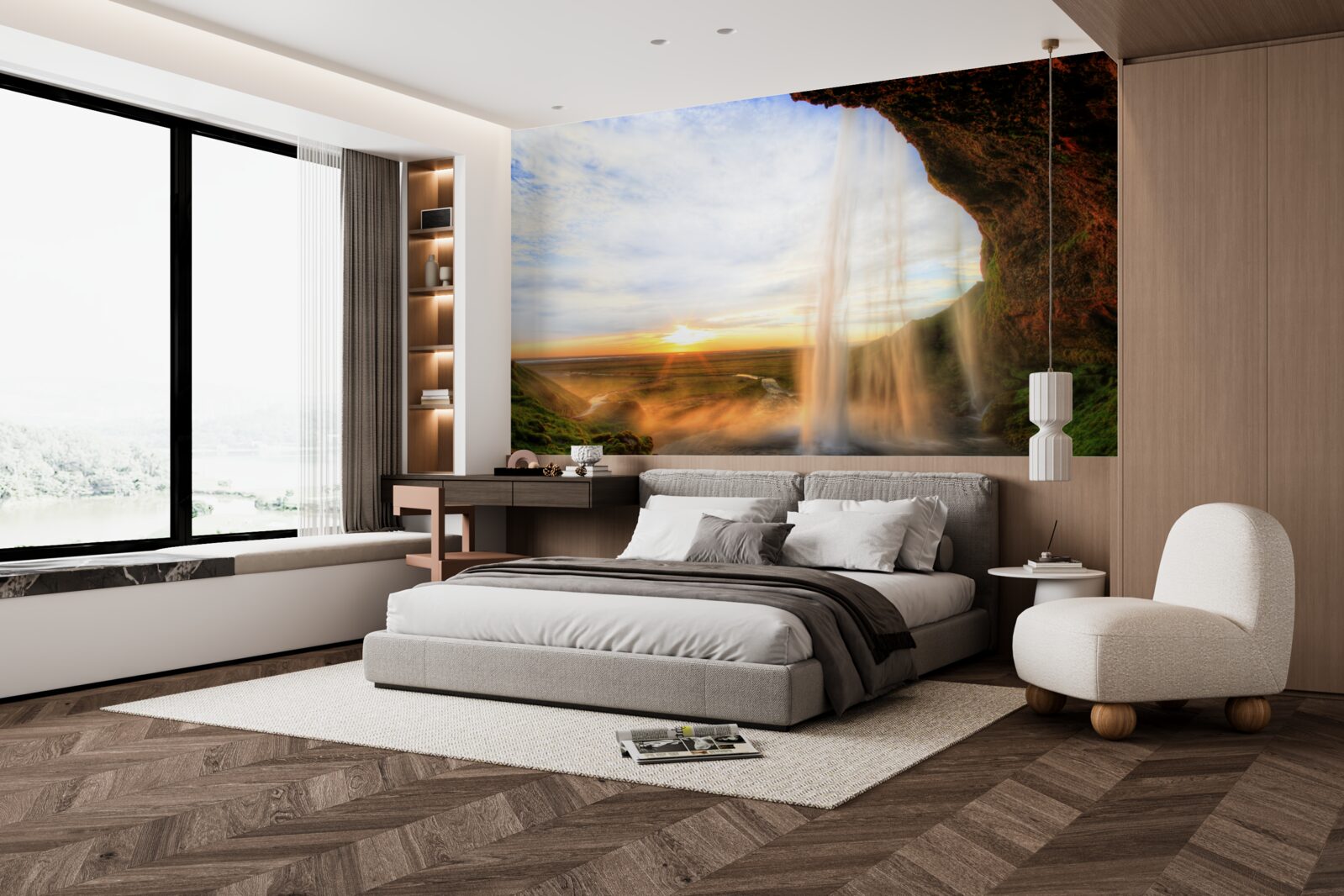 Fototapeta pád slnka osvetľujúci majestátne vodopády