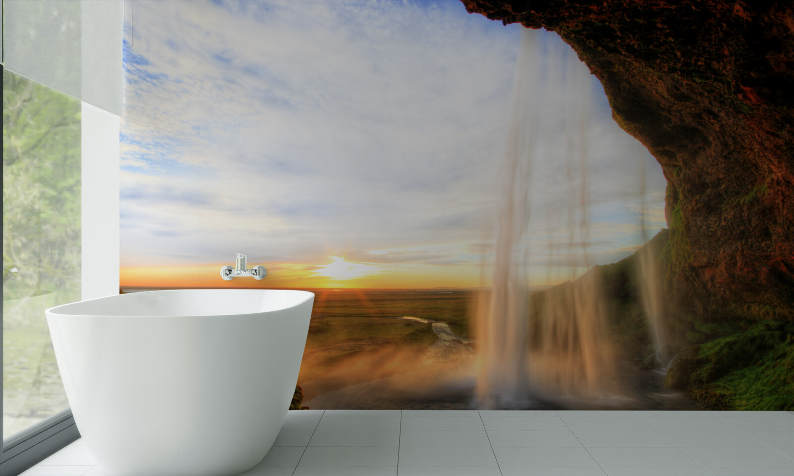 Fototapeta pád slnka osvetľujúci majestátne vodopády