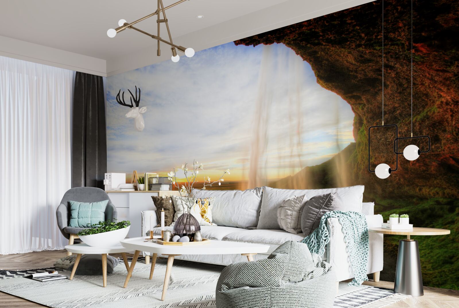 Fototapeta pád slnka osvetľujúci majestátne vodopády