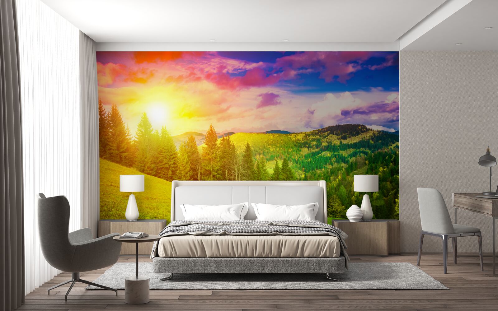 Fototapeta spałujÄci západ slnka natreli zelenú mohylu pestrými farbami