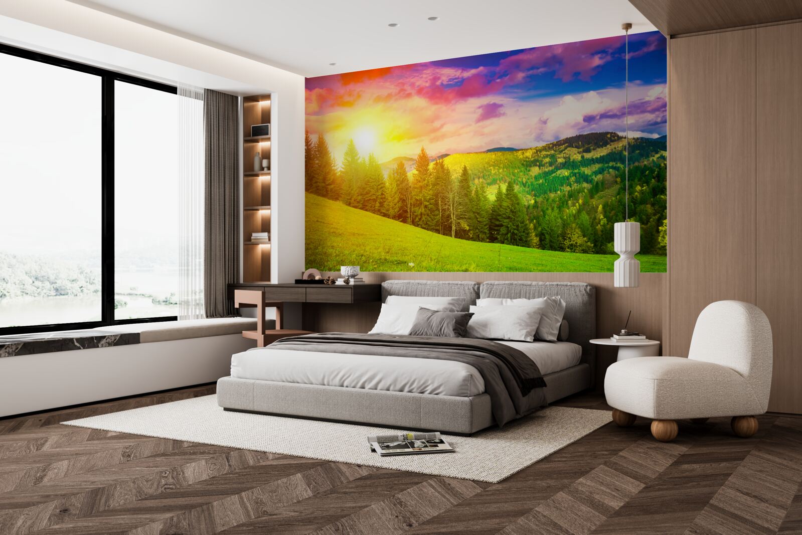 Fototapeta spałujÄci západ slnka natreli zelenú mohylu pestrými farbami