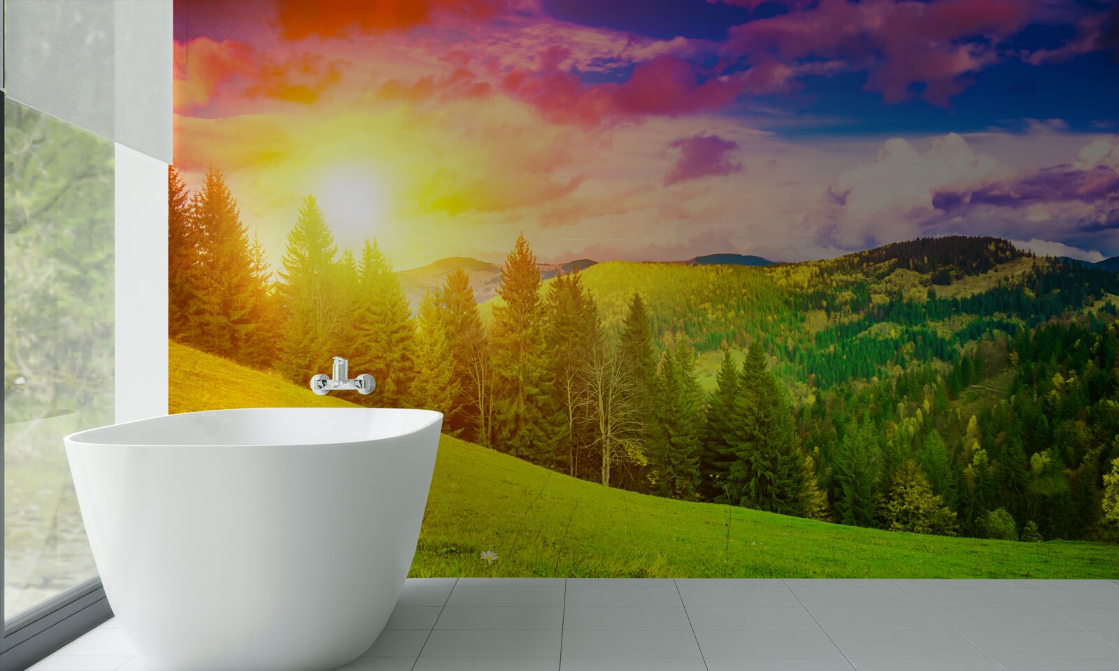 Fototapeta spałujÄci západ slnka natreli zelenú mohylu pestrými farbami