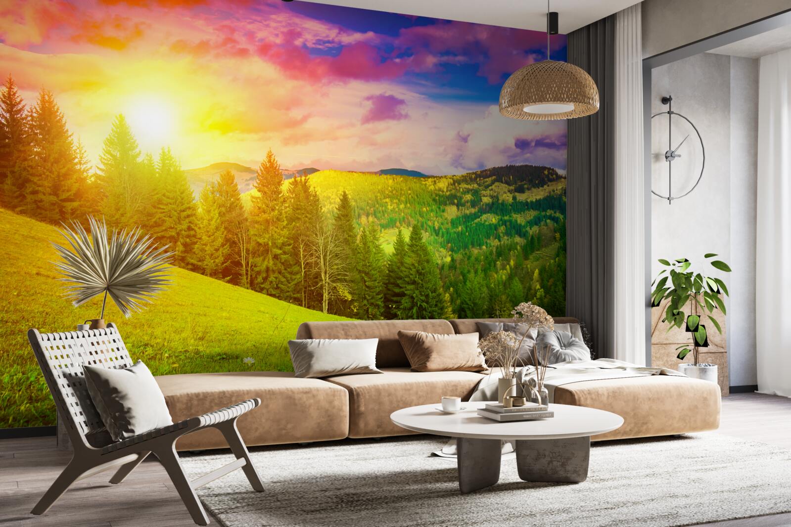 Fototapeta spałujÄci západ slnka natreli zelenú mohylu pestrými farbami