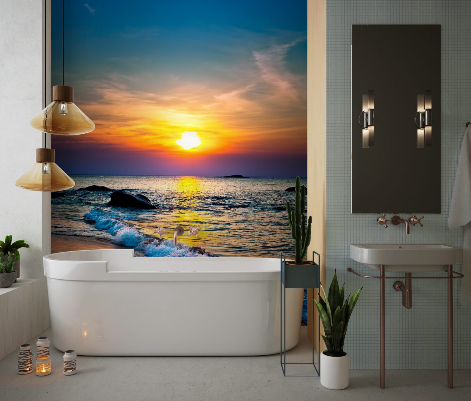 Fototapeta slnko mizne za obzorom nad morom a pobrežím