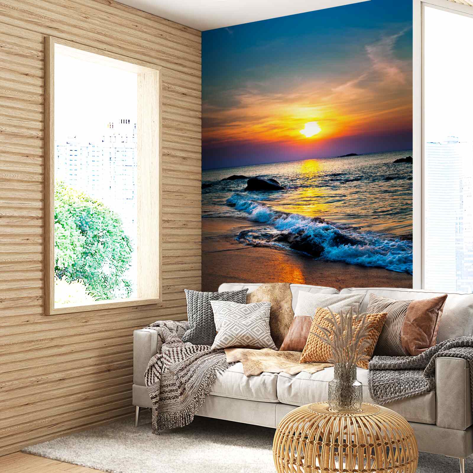 Fototapeta slnko mizne za obzorom nad morom a pobrežím