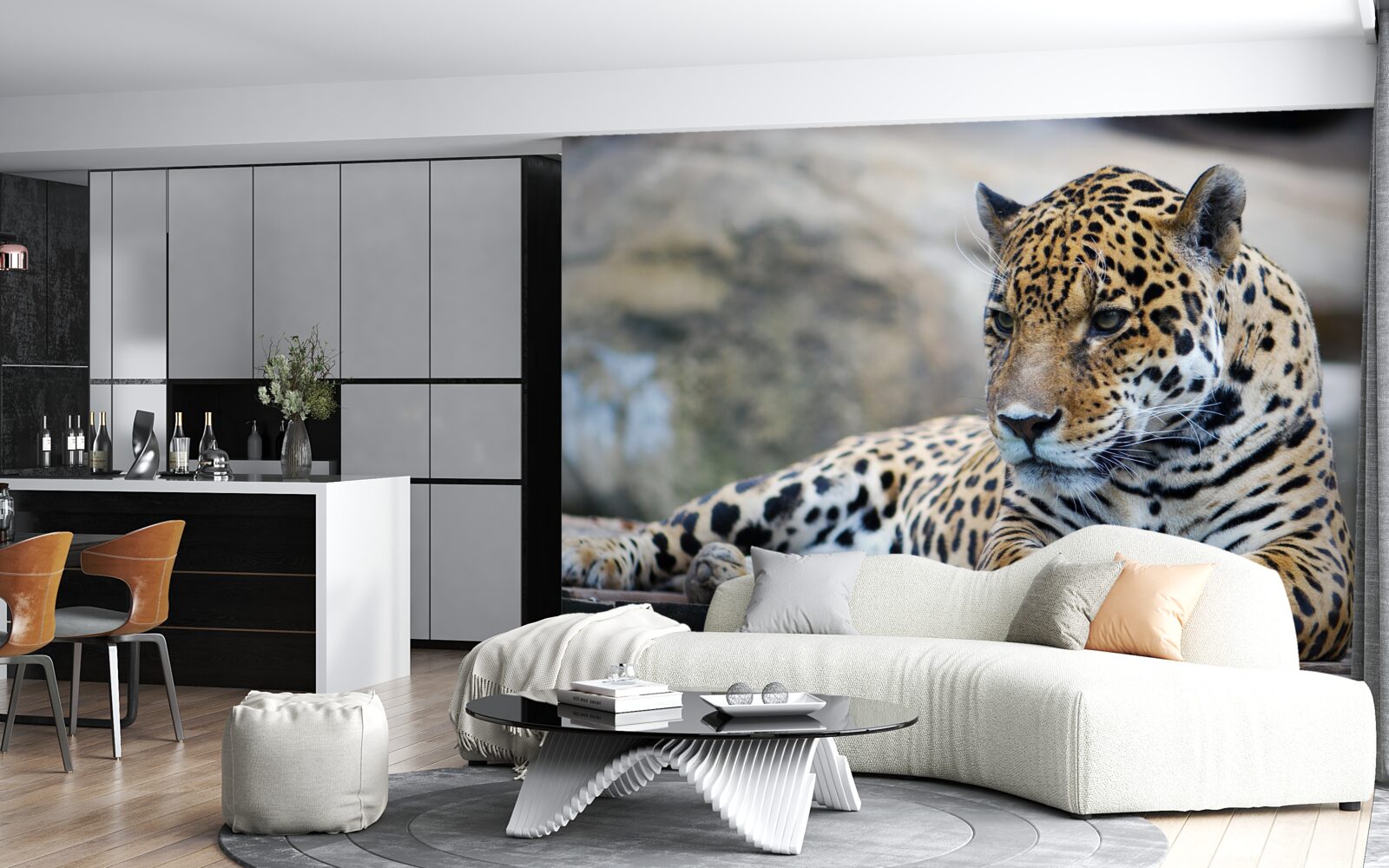 Fototapeta leopard relaxuje na drevených podlahách