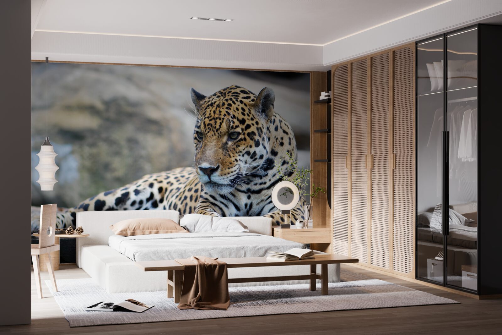 Fototapeta leopard relaxuje na drevených podlahách