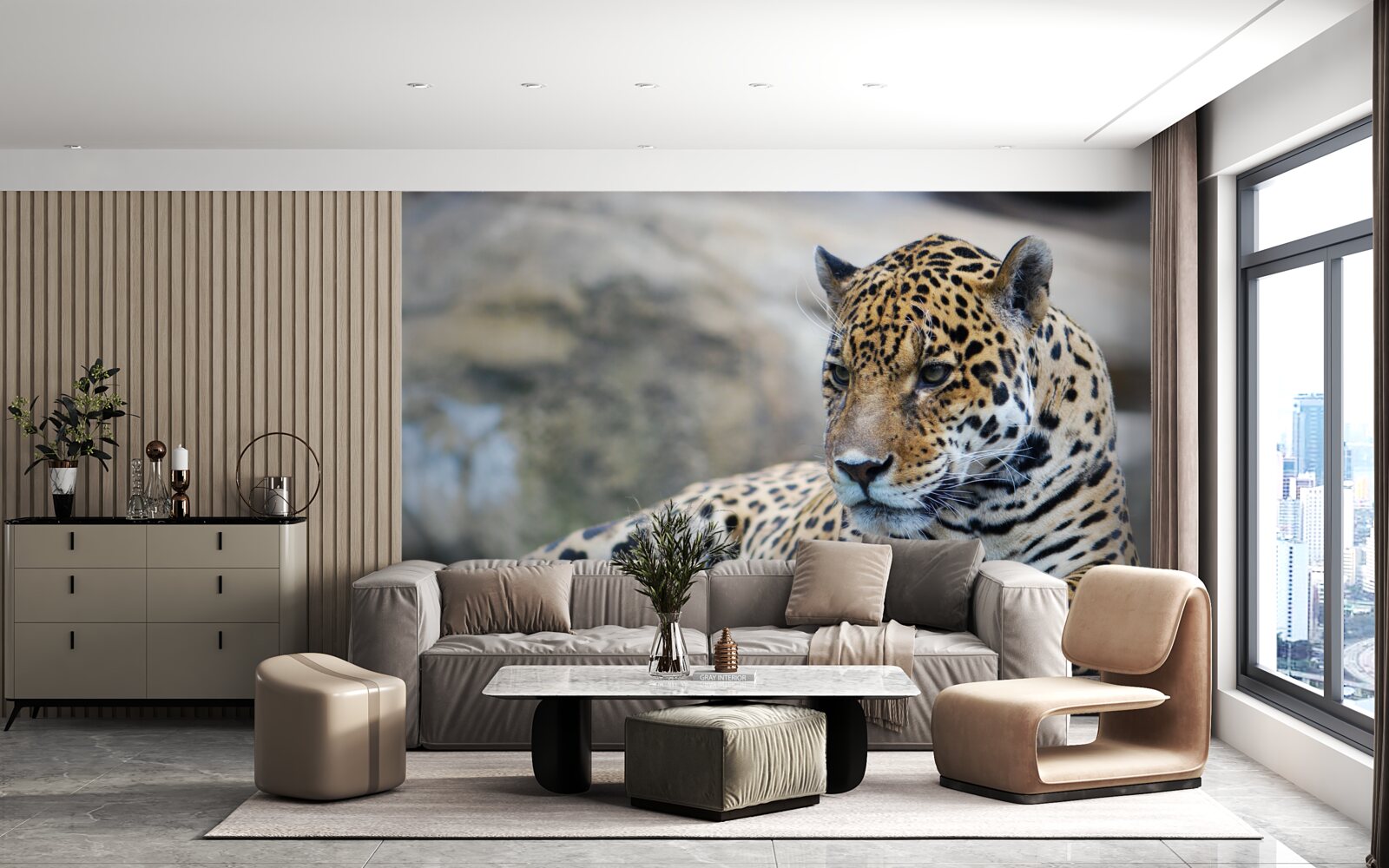 Fototapeta leopard relaxuje na drevených podlahách