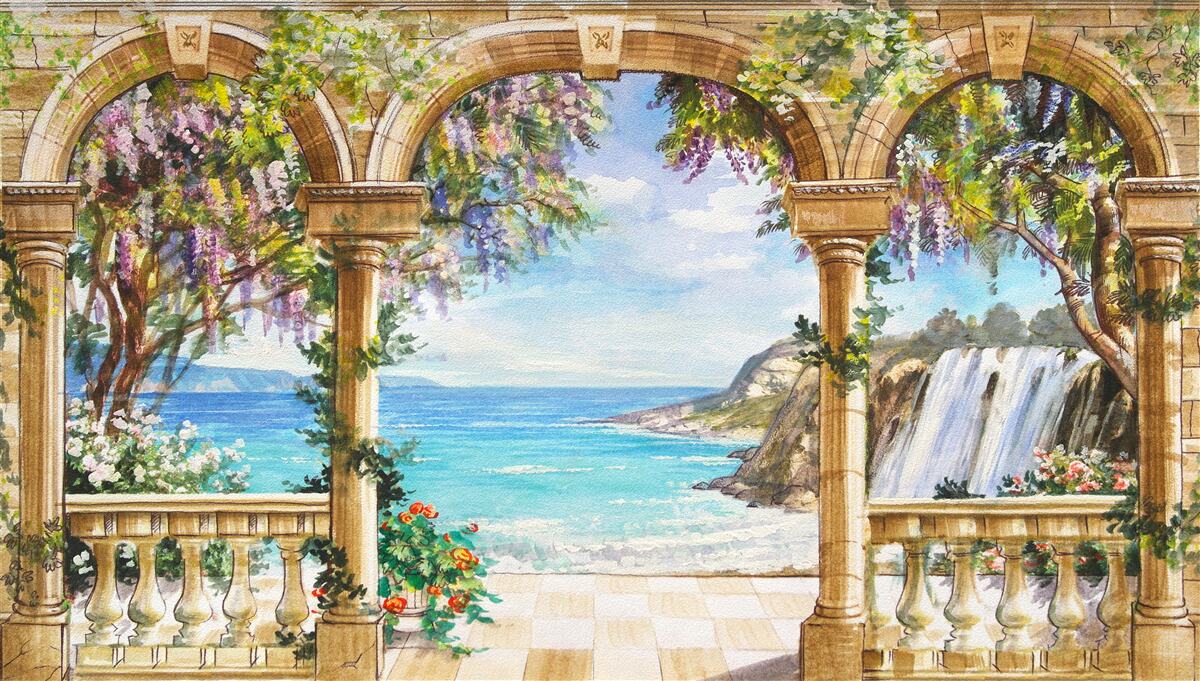 Fototapeta kamenná klenba vedúca k vodopádu a vodnej hladine