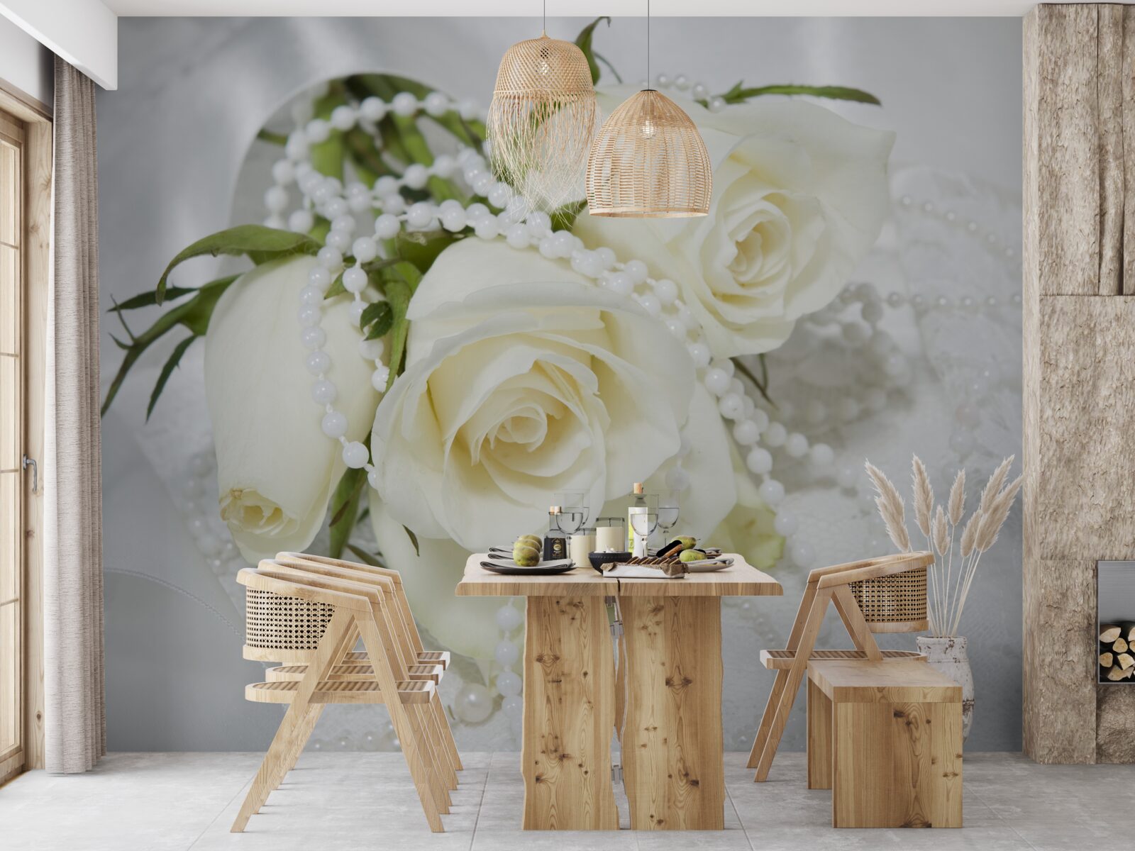 Fototapeta kompozícia bielych ruží s perleťovými korálkami