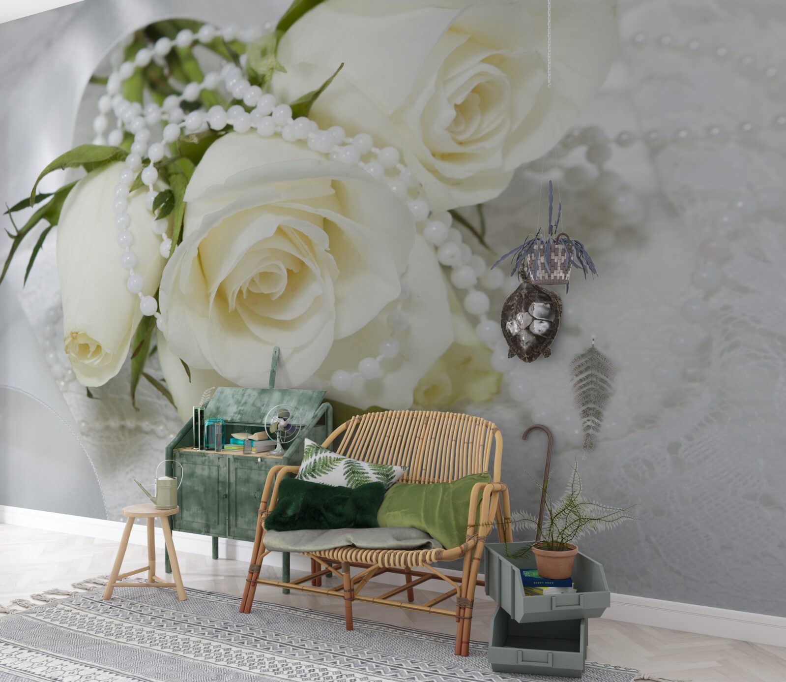 Fototapeta kompozícia bielych ruží s perleťovými korálkami