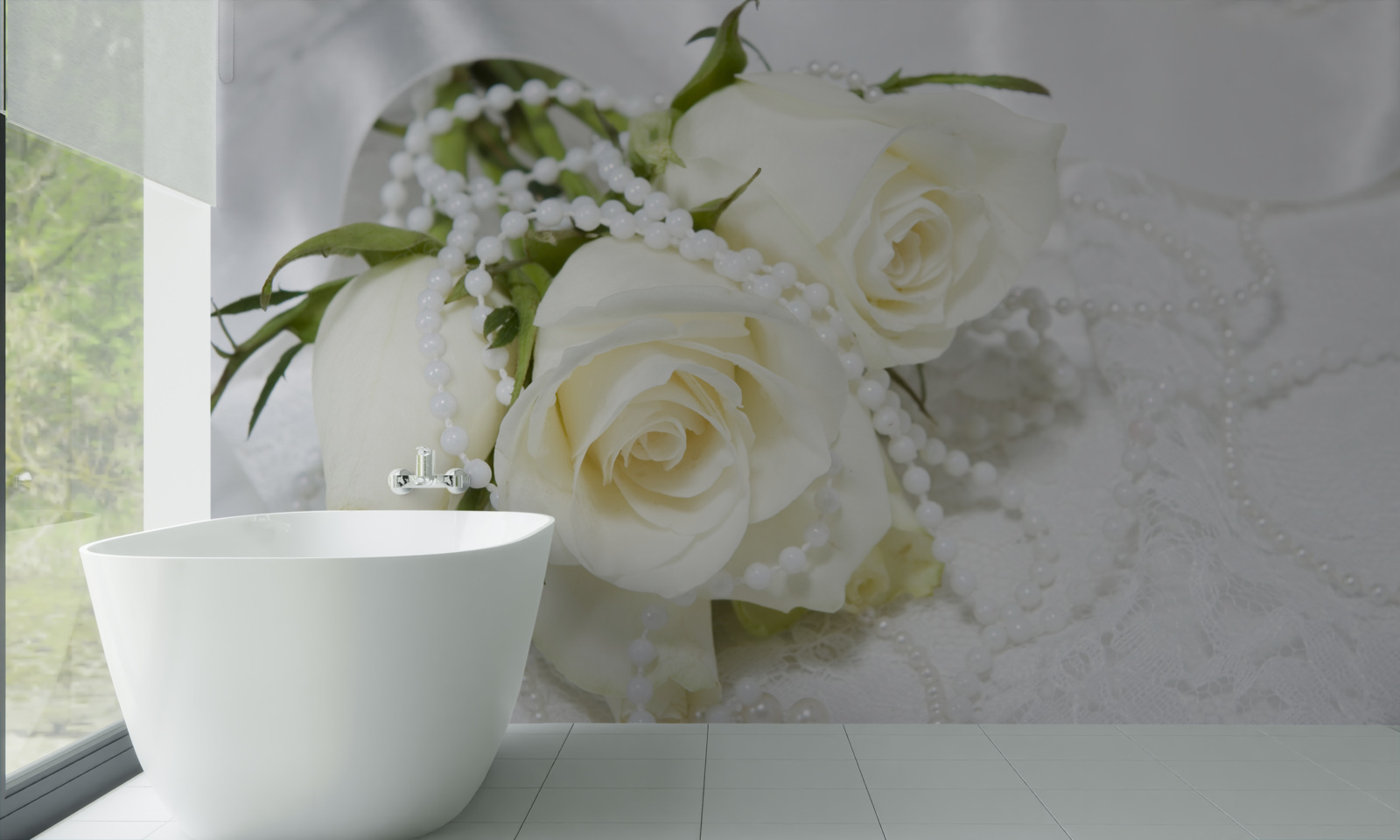 Fototapeta kompozícia bielych ruží s perleťovými korálkami