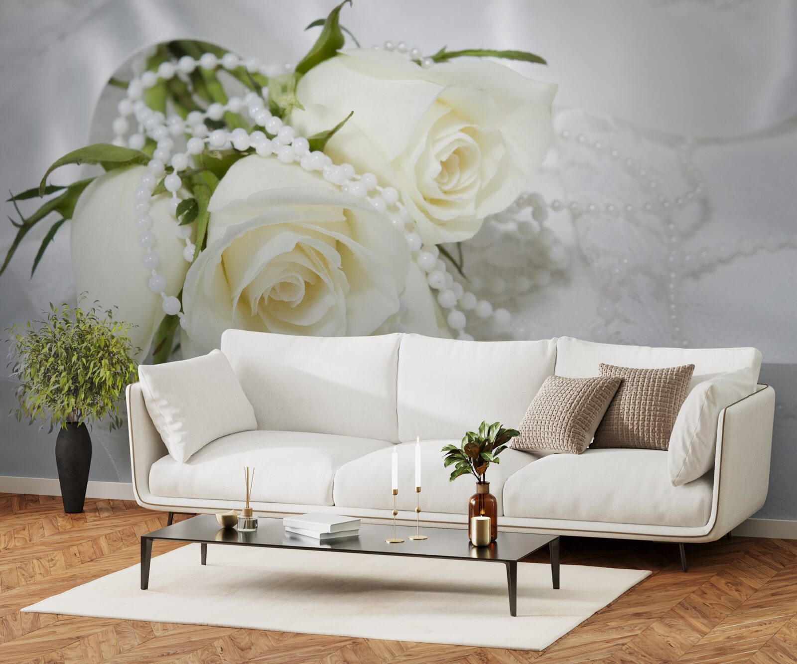 Fototapeta kompozícia bielych ruží s perleťovými korálkami