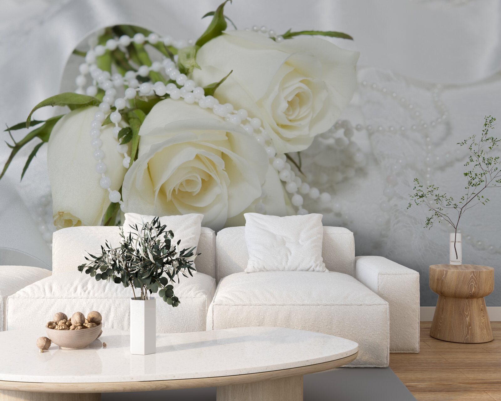 Fototapeta kompozícia bielych ruží s perleťovými korálkami