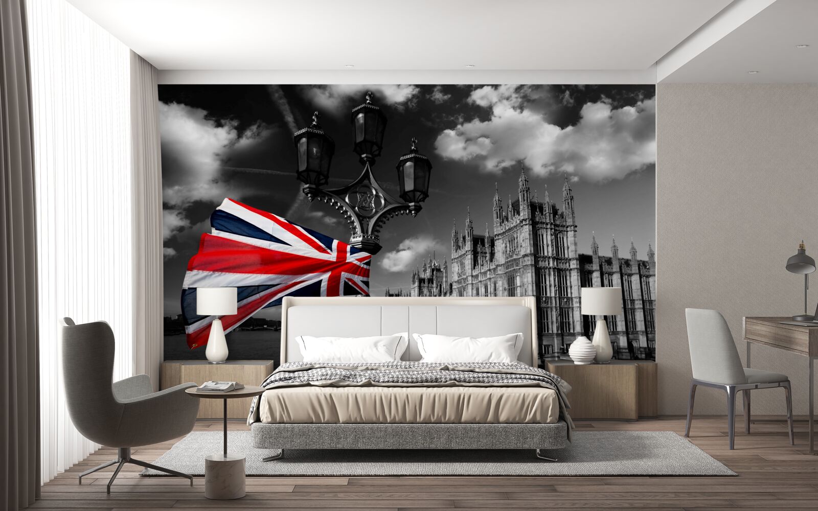 Fototapeta silueta mesta na strane anglickej vlajky