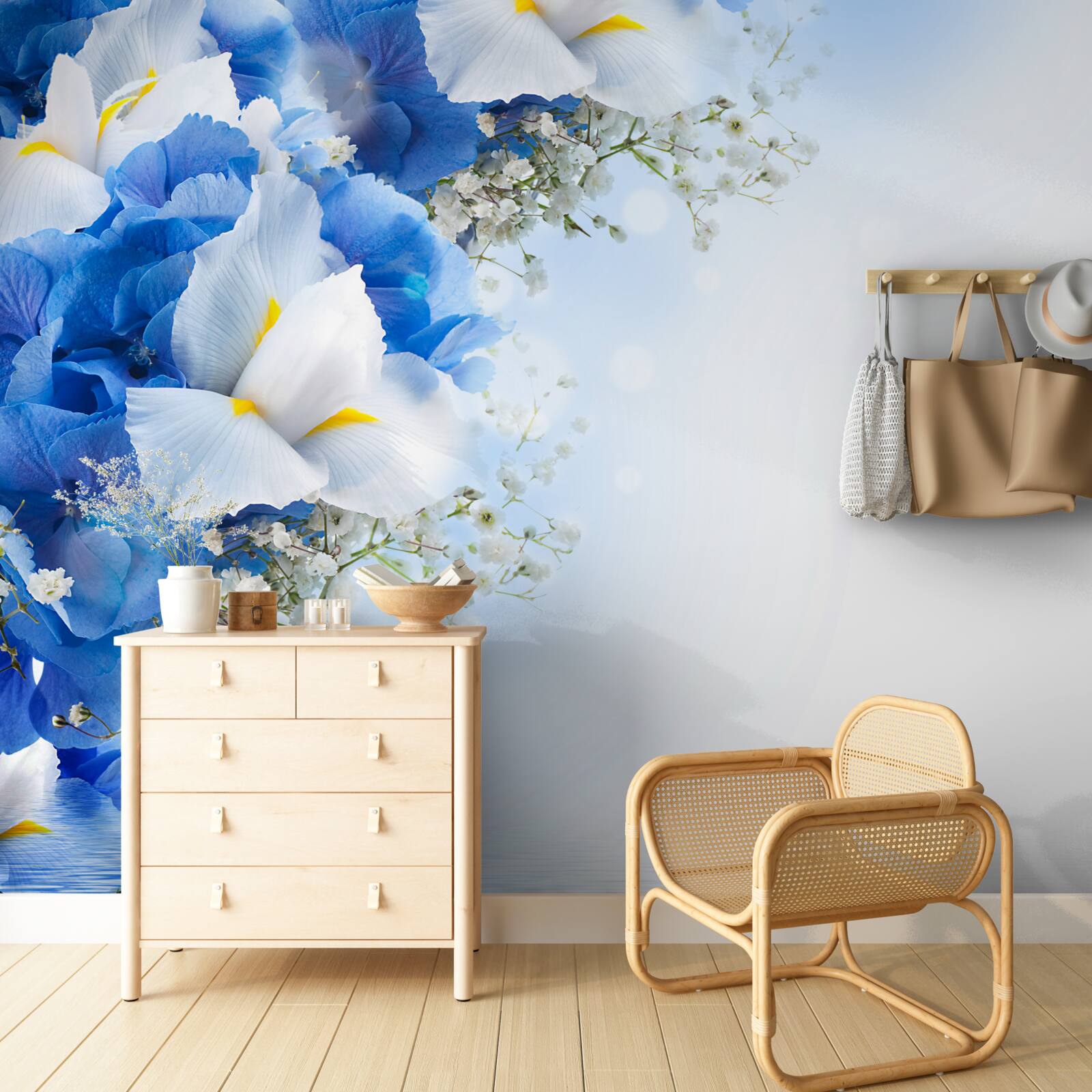 Fototapeta modrá farba a biele puky v blízkosti rybníka