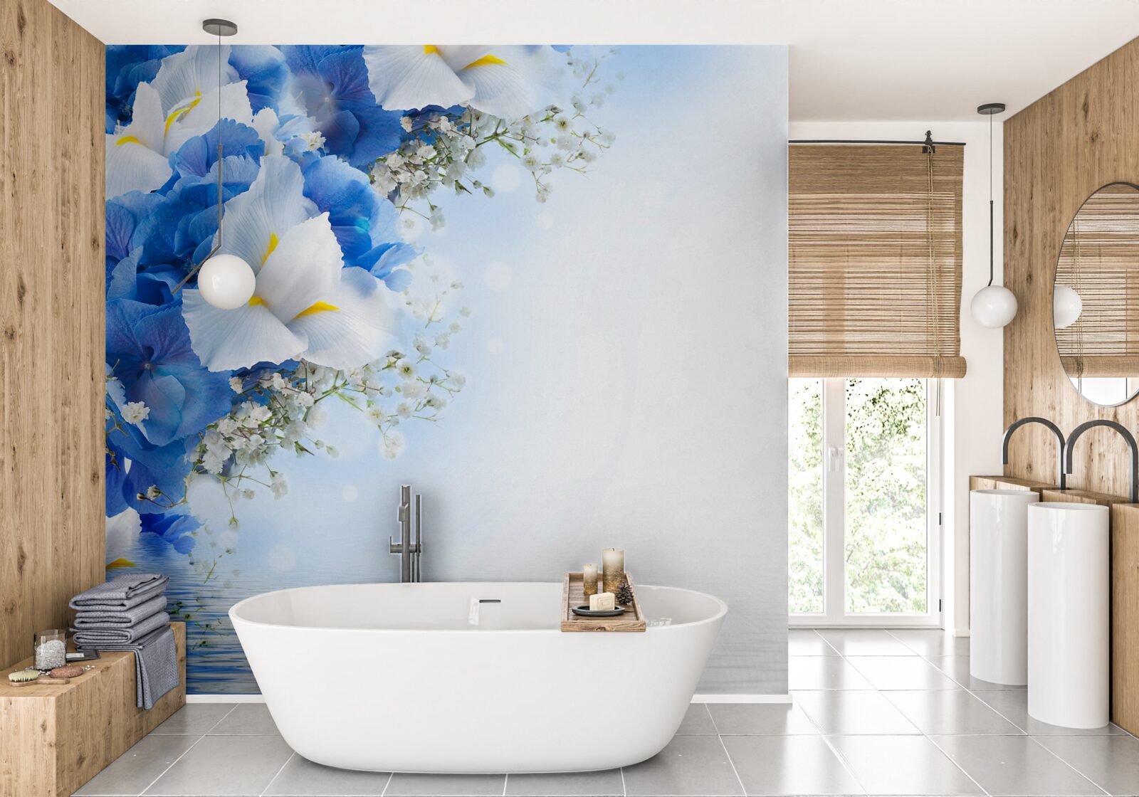 Fototapeta modrá farba a biele puky v blízkosti rybníka