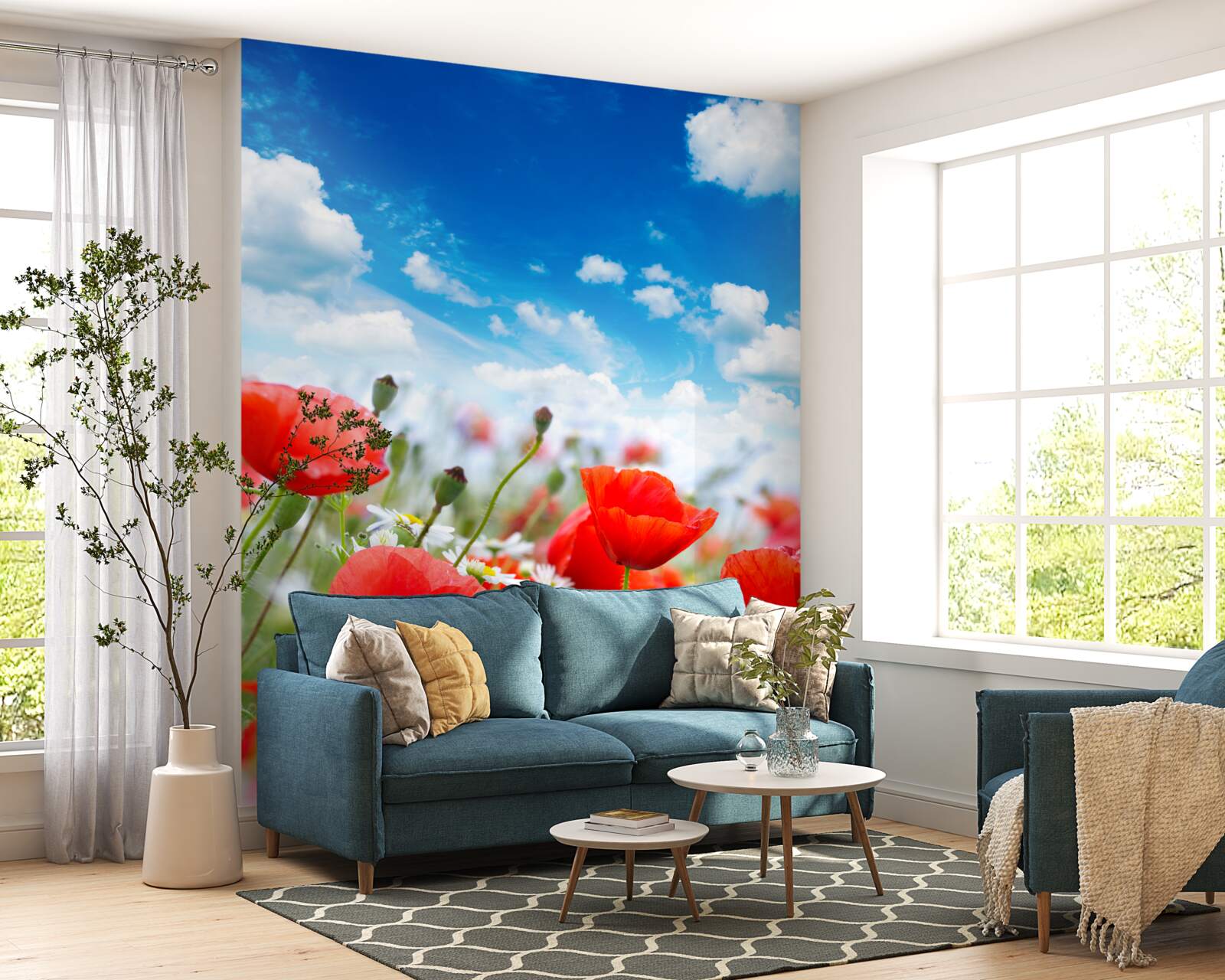 Fototapeta Lúka je posiata červenými makmi a bielymi margaritami