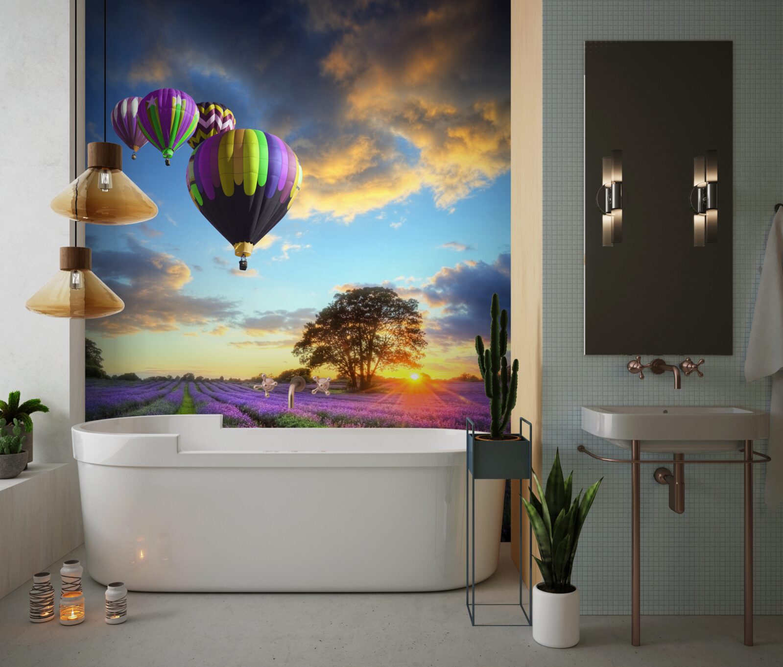 Fototapeta jasný teplovzdušný balón plávajúci nad levanduľovým poľom