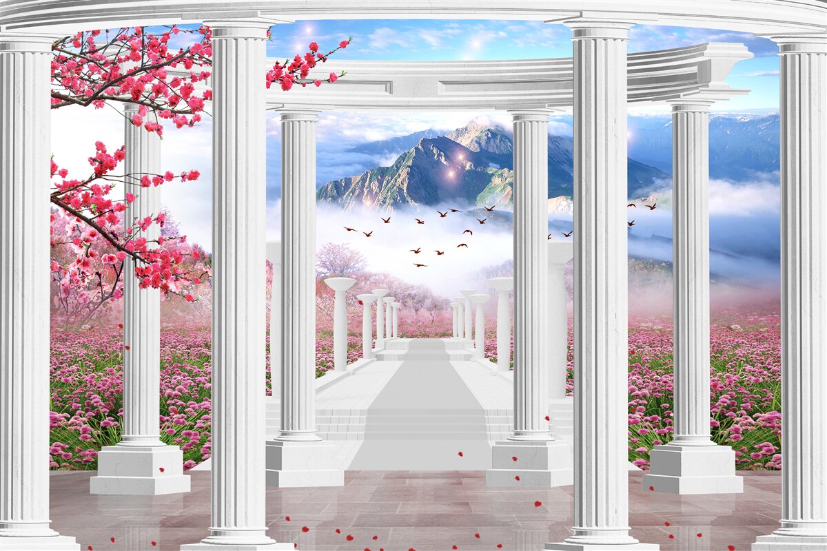 Fototapeta rozkvitnutá záhrada a snehový altánok