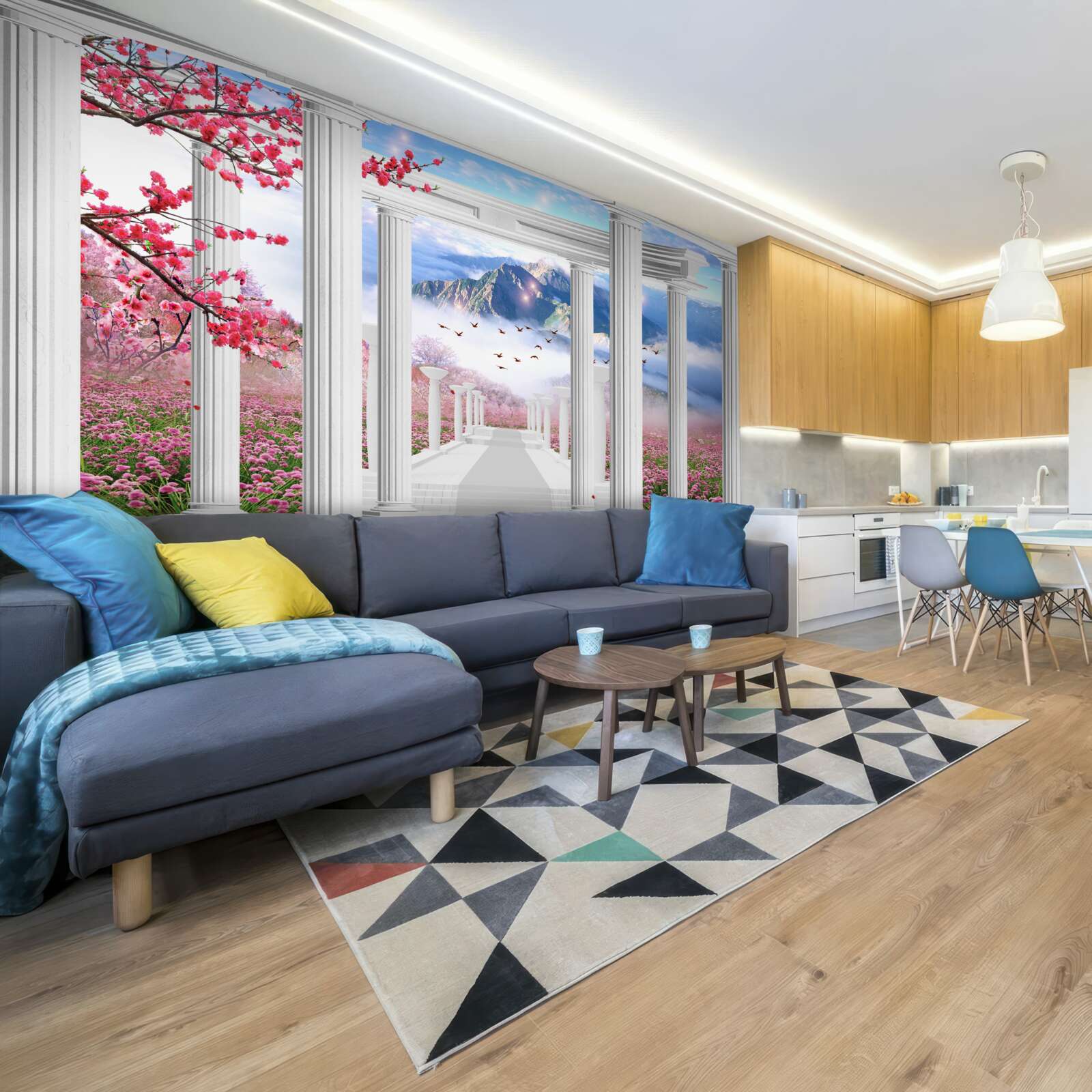 Fototapeta rozkvitnutá záhrada a snehový altánok