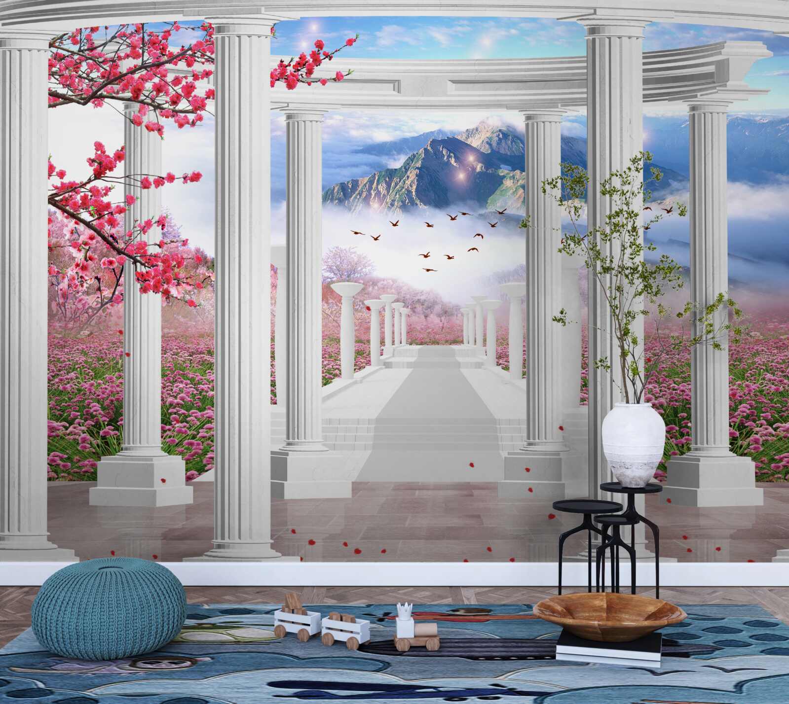 Fototapeta rozkvitnutá záhrada a snehový altánok