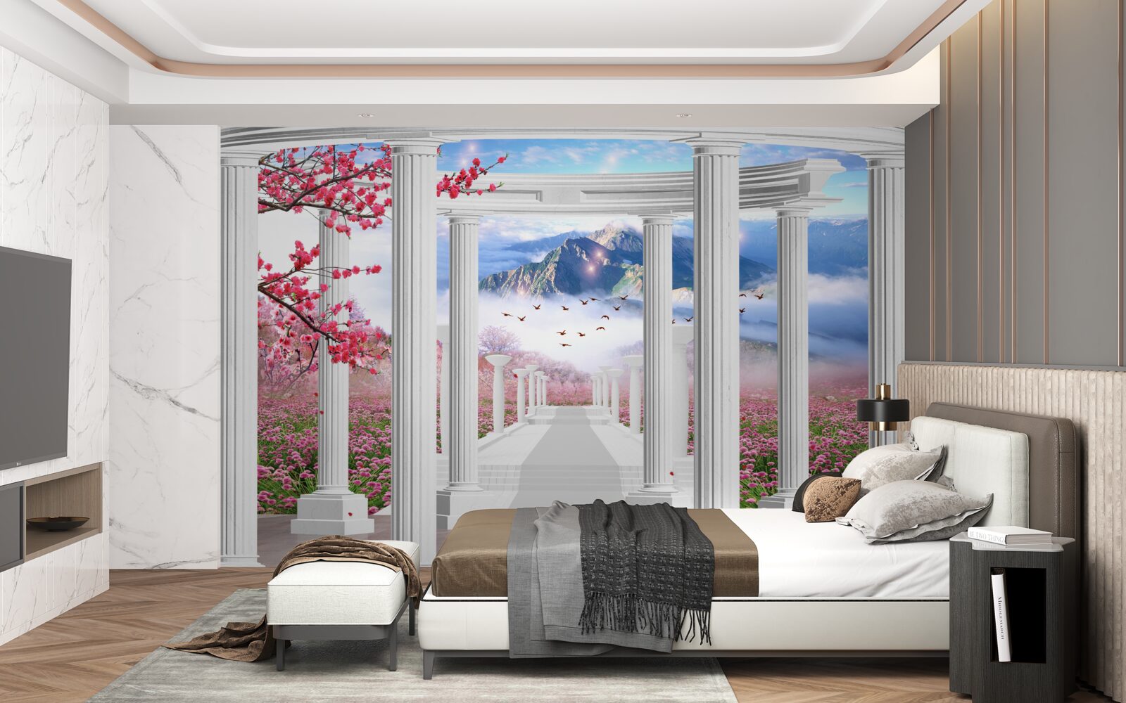 Fototapeta rozkvitnutá záhrada a snehový altánok