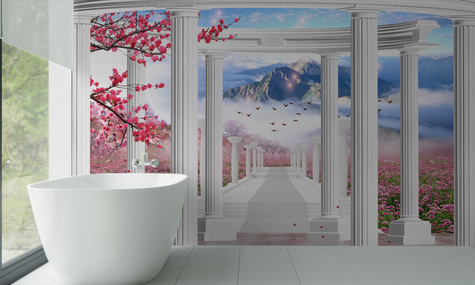 Fototapeta rozkvitnutá záhrada a snehový altánok