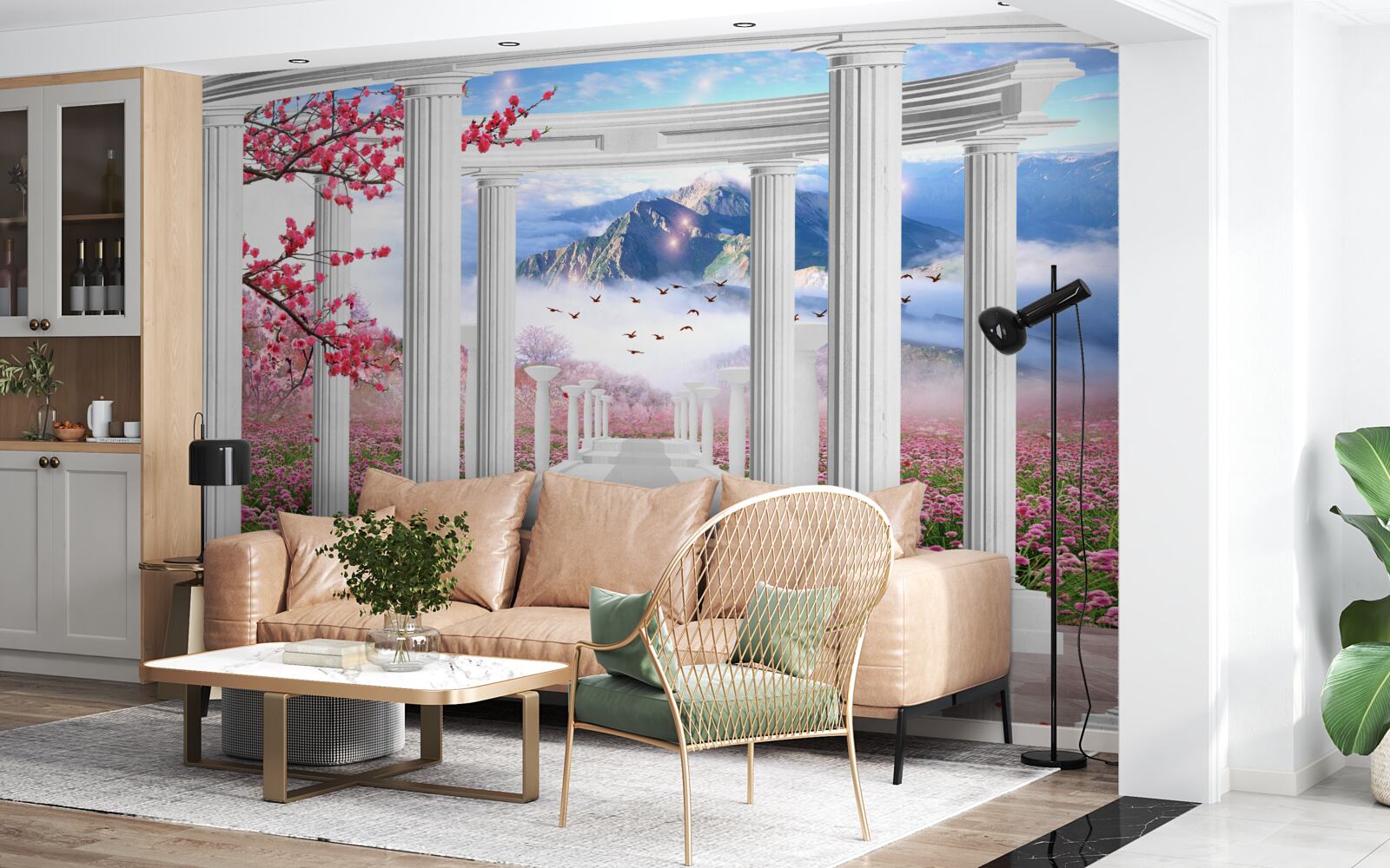 Fototapeta rozkvitnutá záhrada a snehový altánok