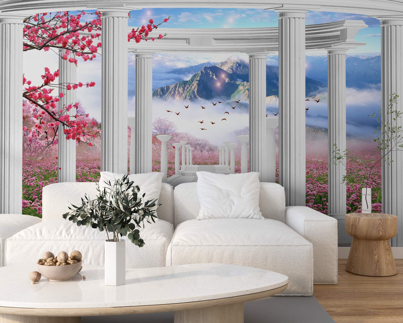 Fototapeta rozkvitnutá záhrada a snehový altánok