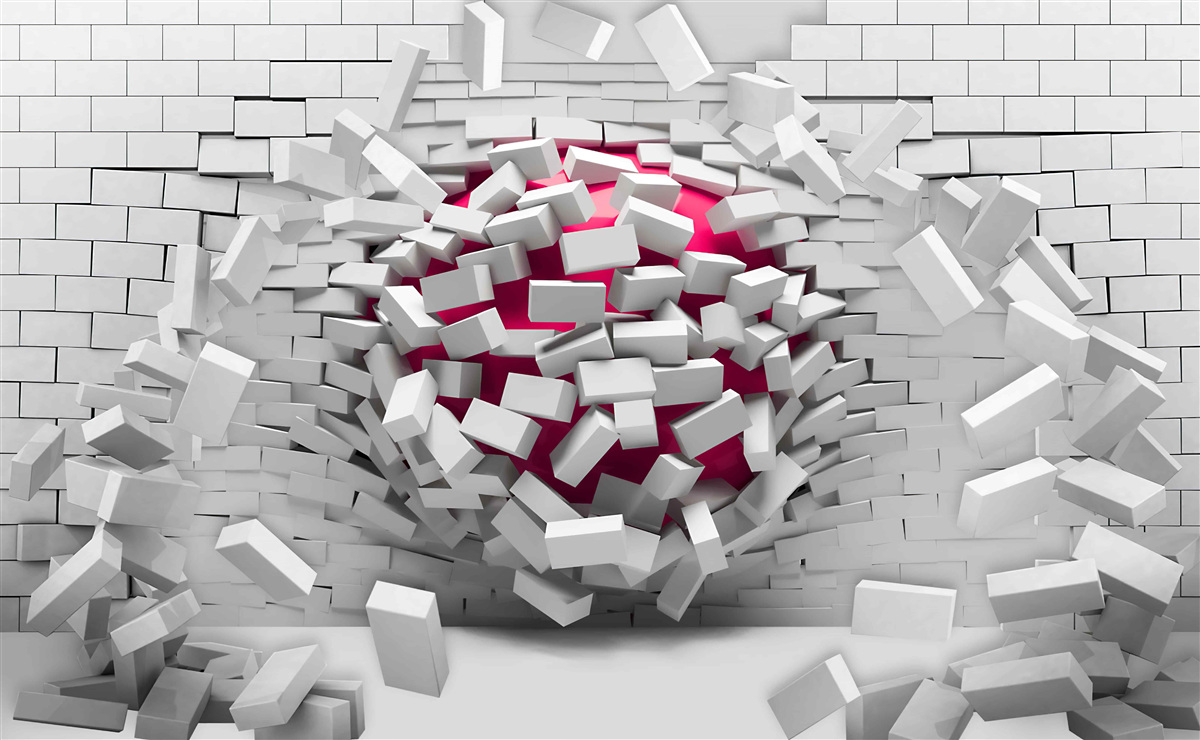 Fototapeta šarlátová guľa ničí tehlovú stenu