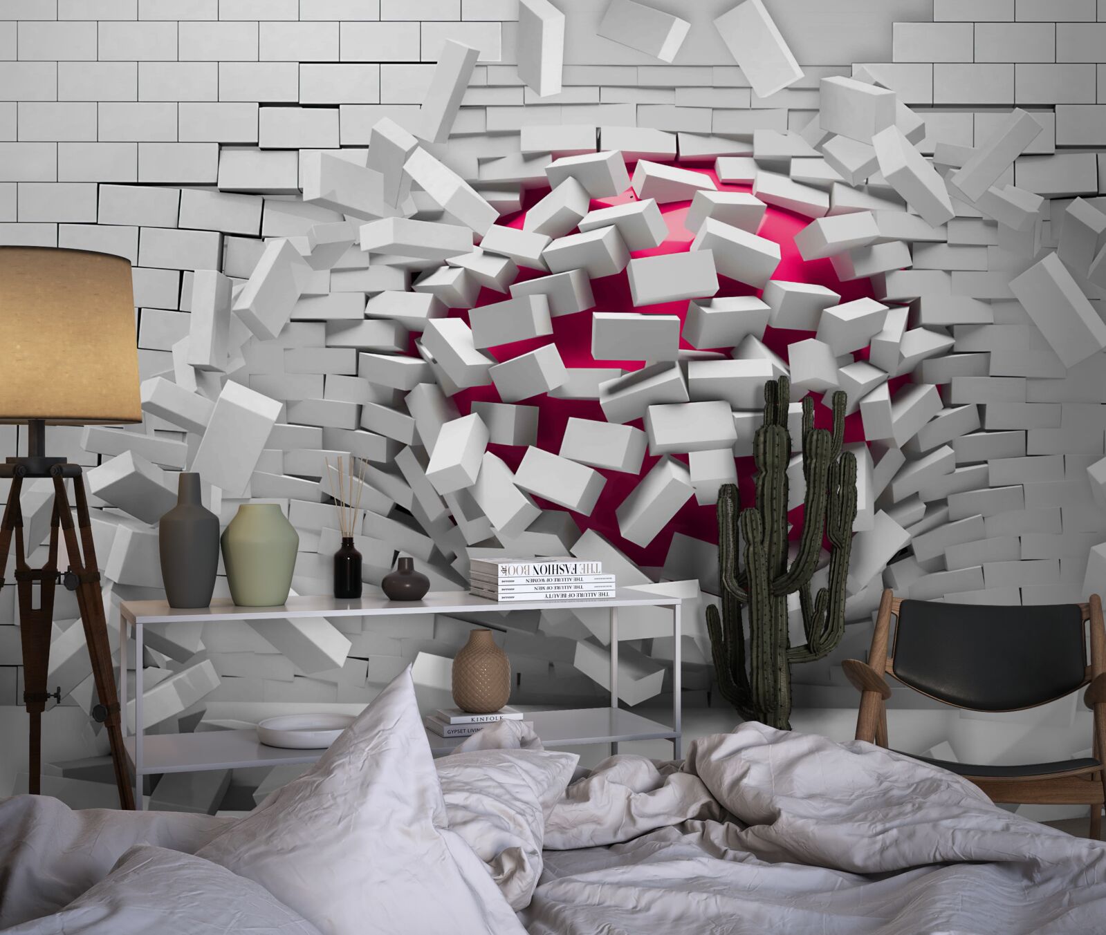 Fototapeta šarlátová guľa ničí tehlovú stenu