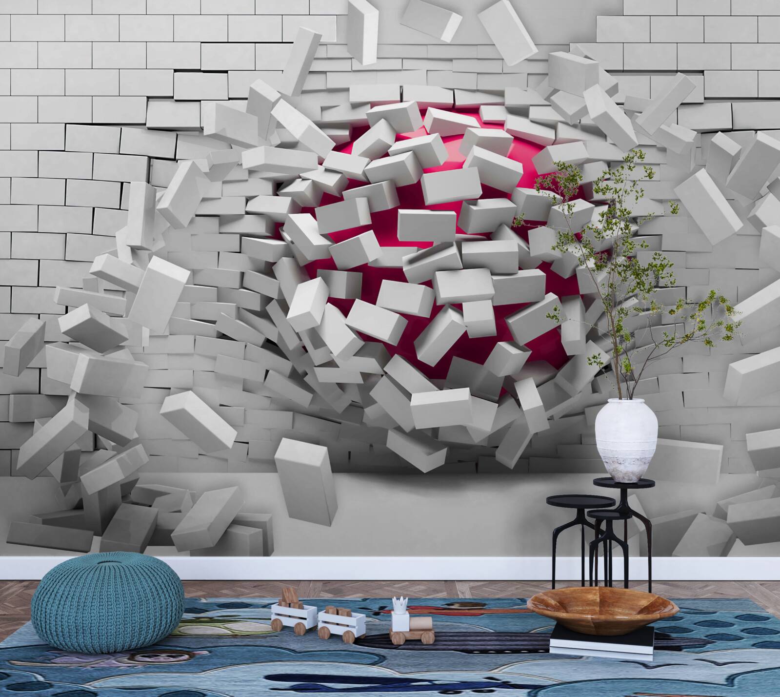 Fototapeta šarlátová guľa ničí tehlovú stenu