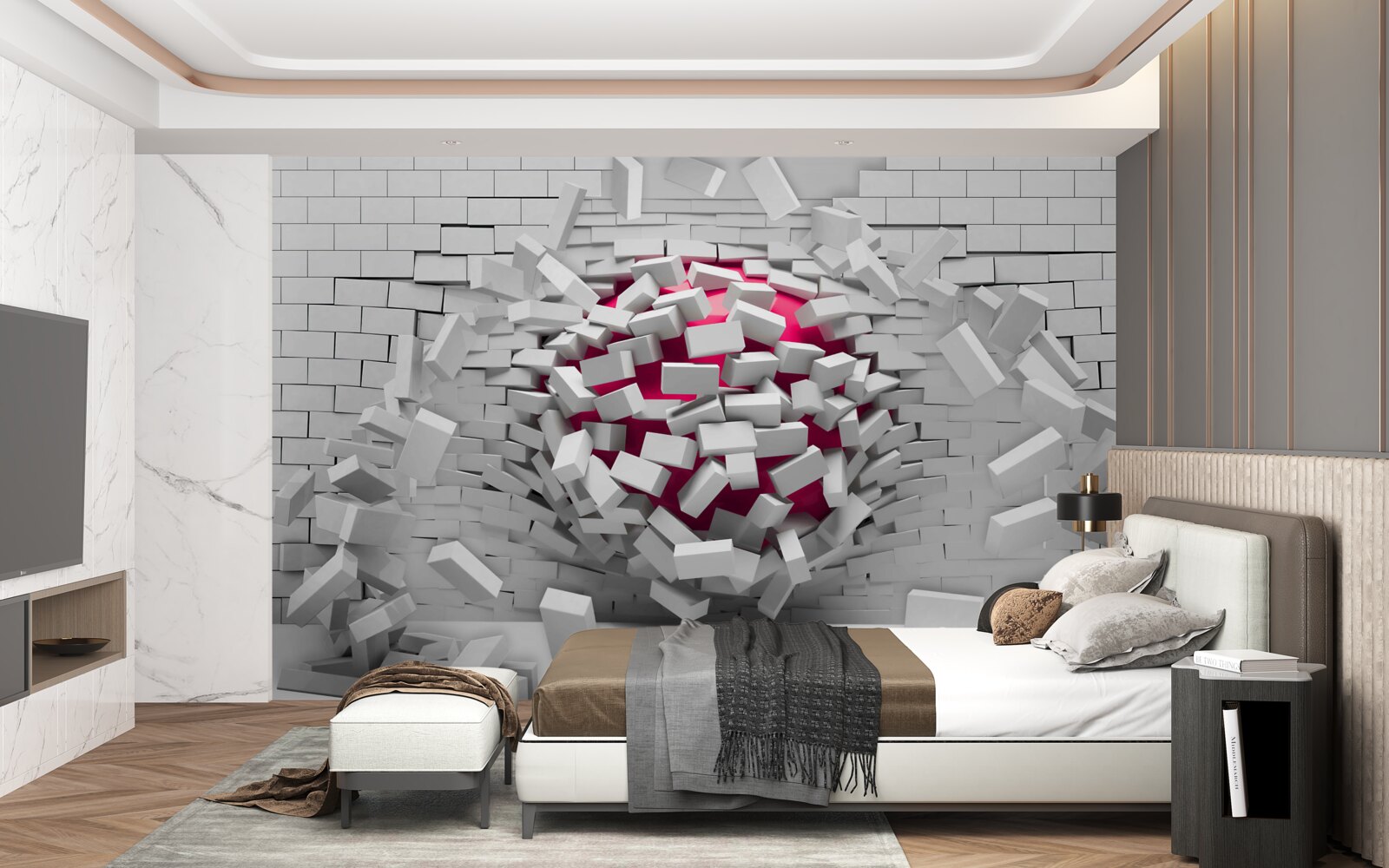 Fototapeta šarlátová guľa ničí tehlovú stenu