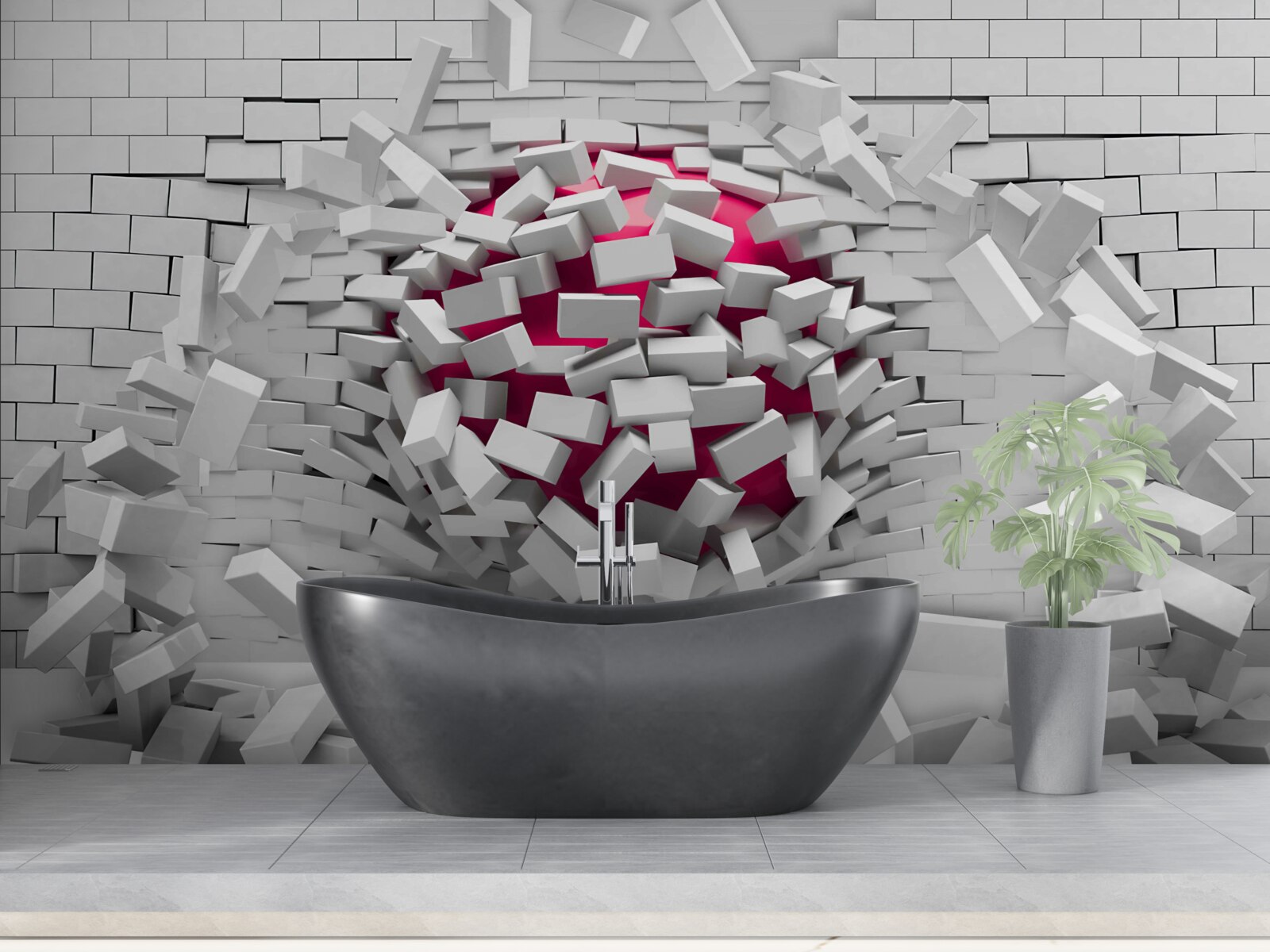 Fototapeta šarlátová guľa ničí tehlovú stenu