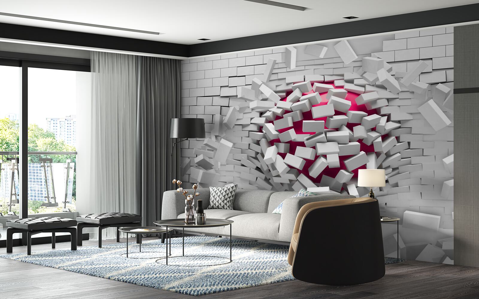 Fototapeta šarlátová guľa ničí tehlovú stenu