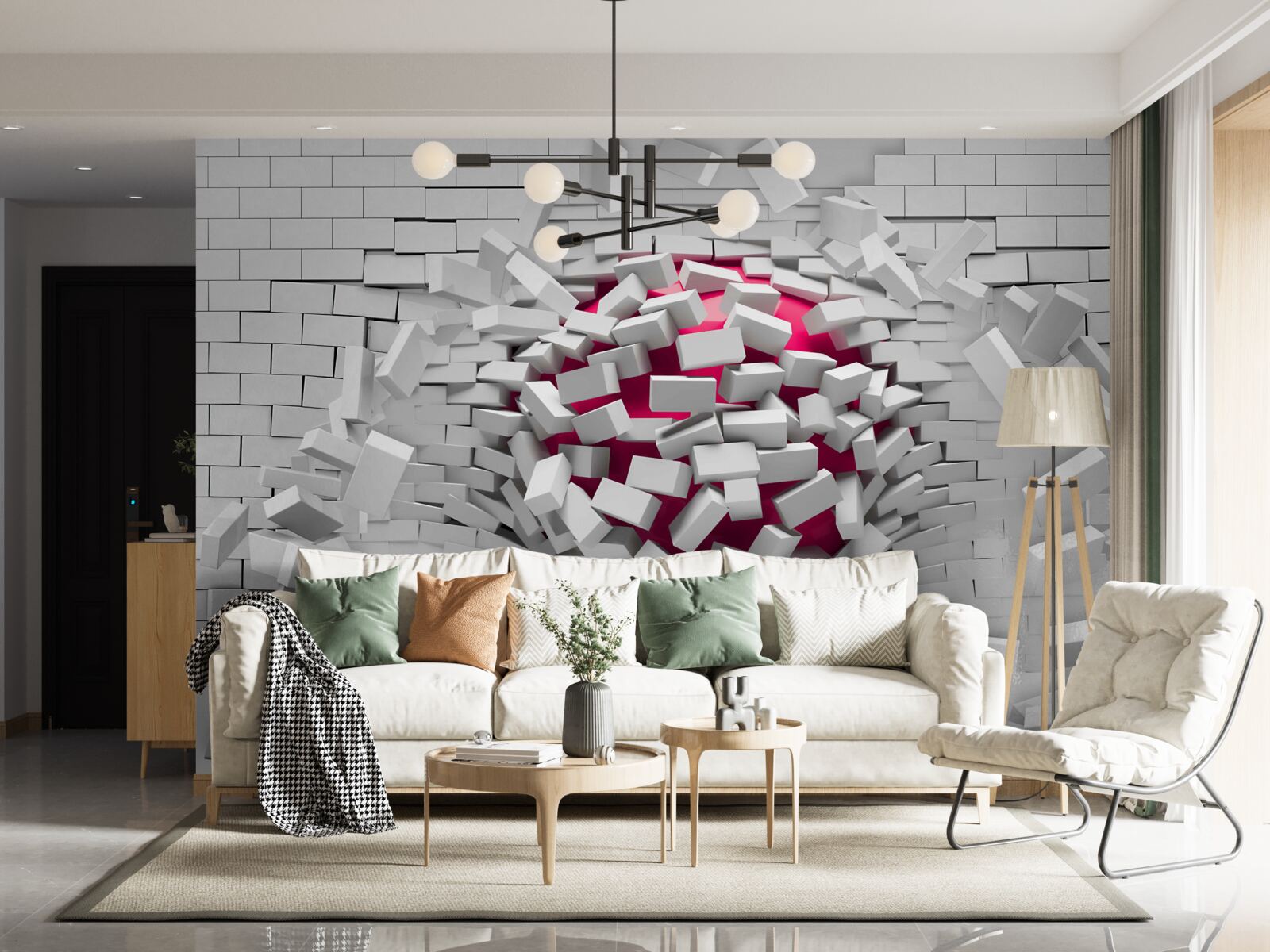 Fototapeta šarlátová guľa ničí tehlovú stenu