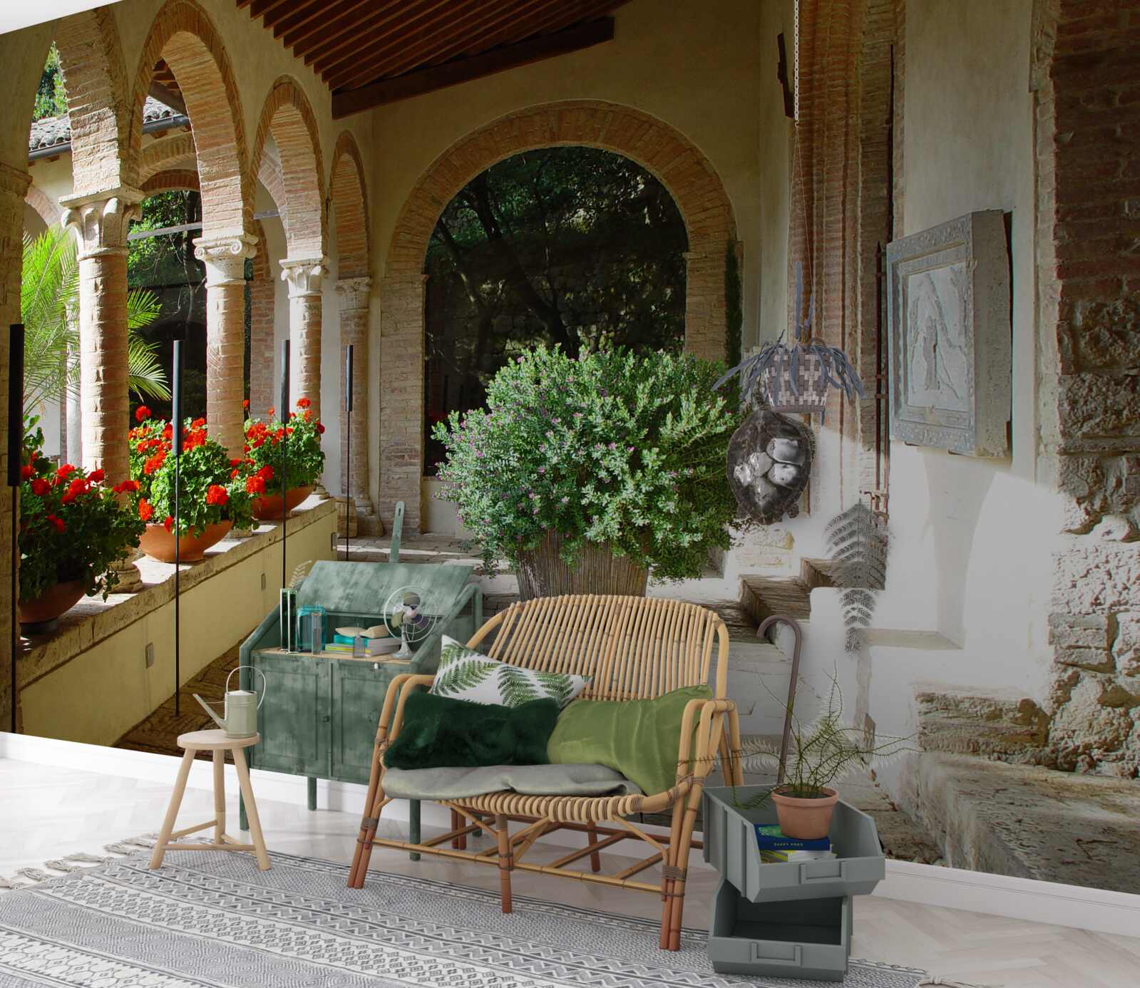 Fototapeta zaoblené kamenné oblúky a črepníkové kvety