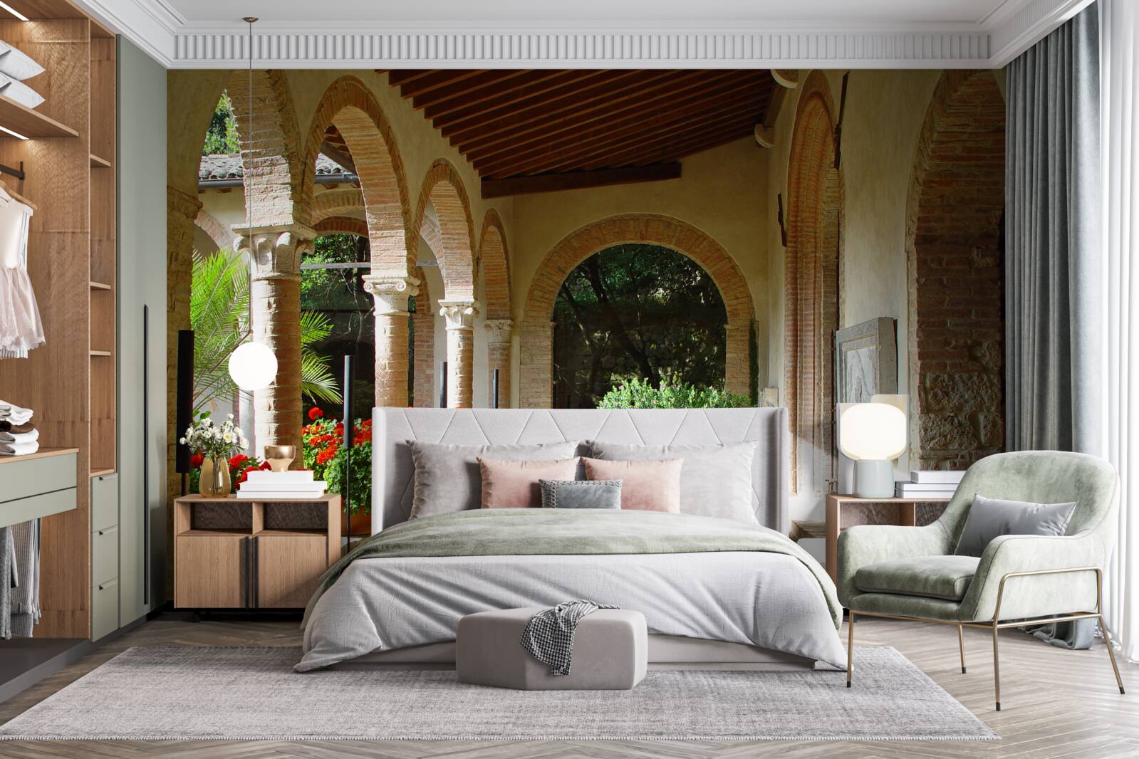 Fototapeta zaoblené kamenné oblúky a črepníkové kvety