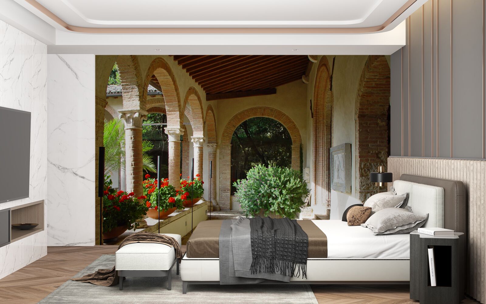 Fototapeta zaoblené kamenné oblúky a črepníkové kvety